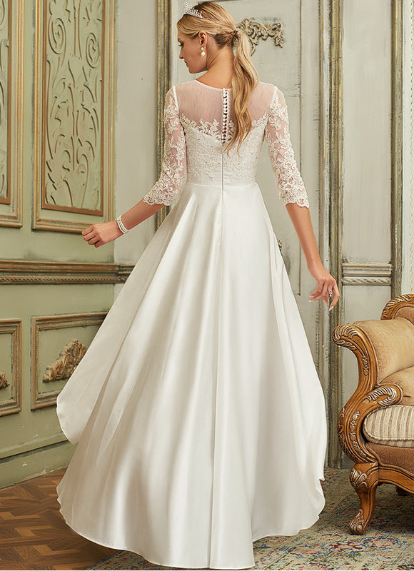 Robe Nuptiale Satinée À Manches En Dentelle - gallery 3
