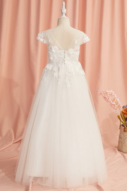 Robe Enfant Florale En Tulle Blanc - gallery 9