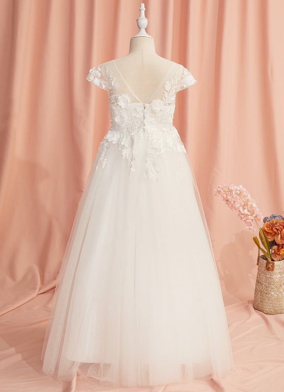 Robe Enfant Florale En Tulle Blanc - gallery 9