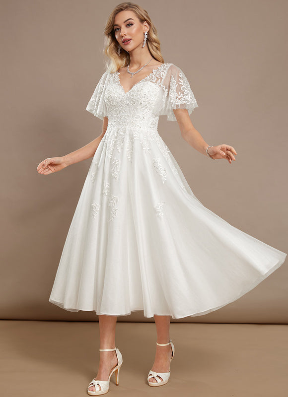 Robe De Mariee Courte En Dentelle - gallery 1