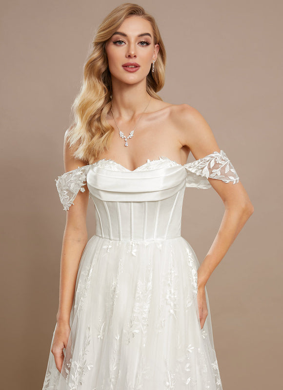Robe Nuptiale Satinée À Manches Fleuries - gallery 4