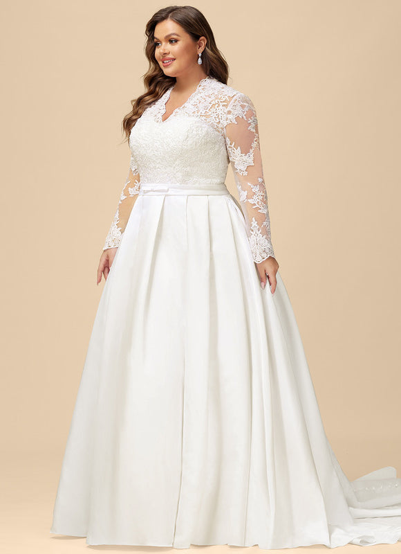 Robe Nuptiale Satinée À Manches En Dentelle - gallery 7