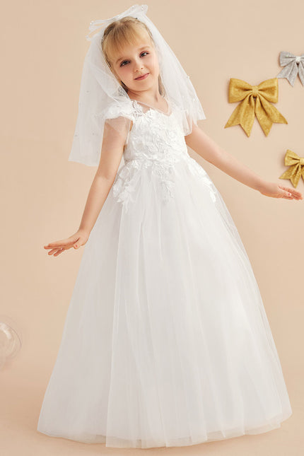 Robe Enfant Florale En Tulle Blanc - gallery 5