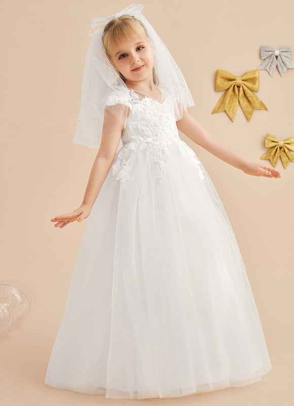 Robe Enfant Florale En Tulle Blanc - gallery 5