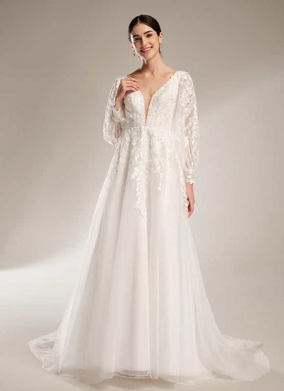 Robe Nuptiale Élégante À Manches Bouffantes