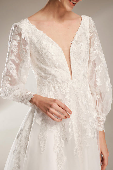 Robe Nuptiale Élégante À Manches Bouffantes - gallery 6