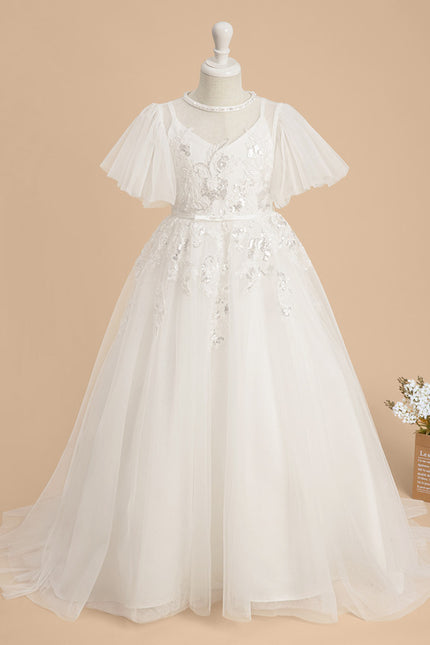 Robe Enfant Nuptiale En Tulle Fleuri - gallery 1