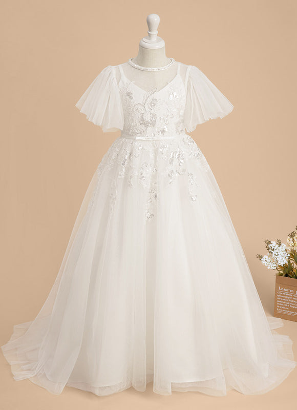 Robe Enfant Nuptiale En Tulle Fleuri - gallery 1