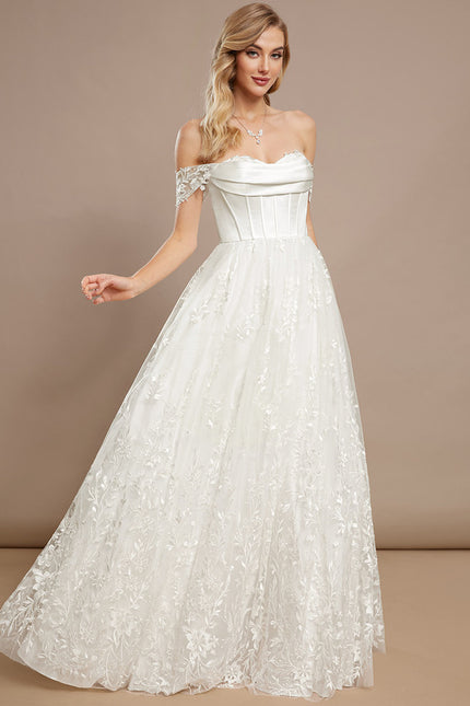 Robe Nuptiale Satinée À Manches Fleuries - gallery 3