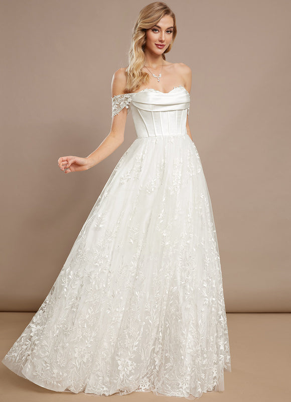 Robe Nuptiale Satinée À Manches Fleuries - gallery 3