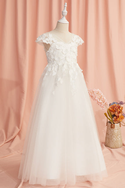 Robe Enfant Florale En Tulle Blanc - gallery 8