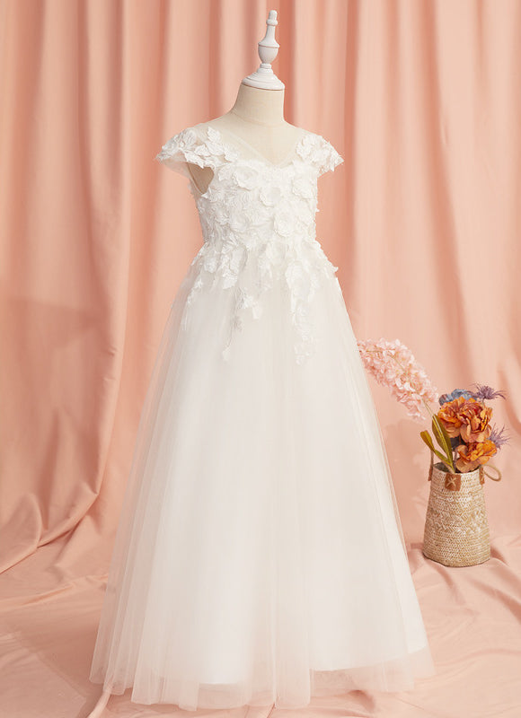 Robe Enfant Florale En Tulle Blanc - gallery 8