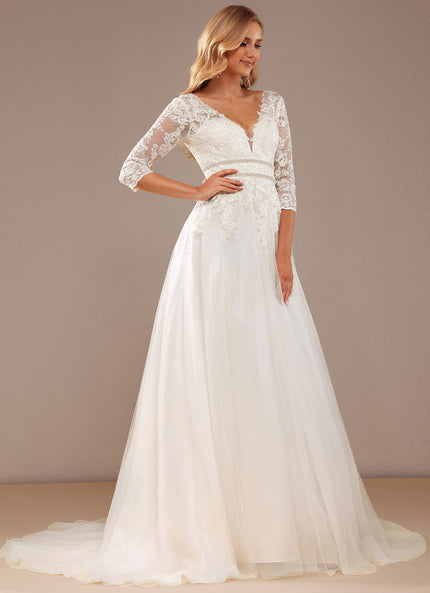 Robe Nuptiale Élégante À Manches En Dentelle