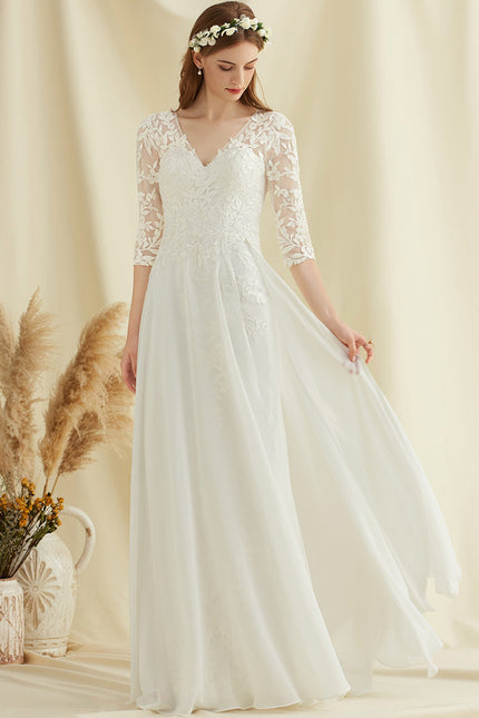 Robe Nuptiale Fluide À Manches En Dentelle - gallery 2