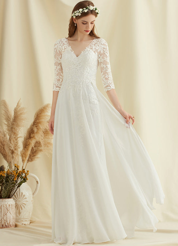 Robe Nuptiale Fluide À Manches En Dentelle - gallery 2