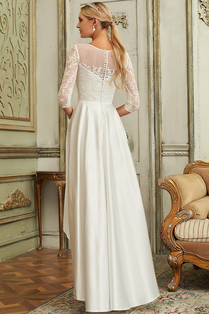 Robe Nuptiale Satinée À Manches En Dentelle - gallery 2