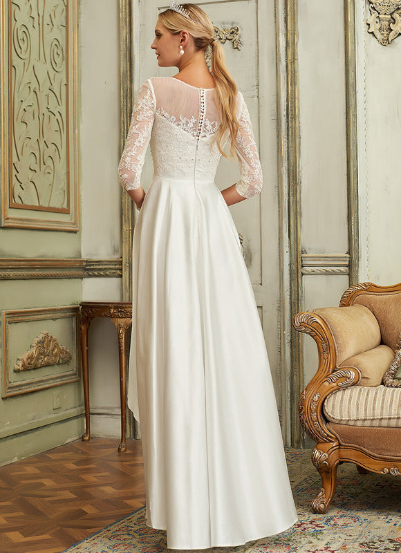 Robe Nuptiale Satinée À Manches En Dentelle - gallery 2