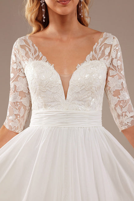 Robe Nuptiale Fluide À Manches En Dentelle - gallery 1