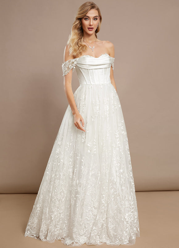 Robe Nuptiale Satinée À Manches Fleuries