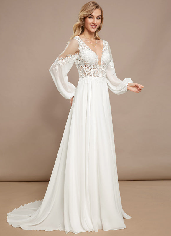 Robe Nuptiale Élégante À Manches Bouffantes - gallery 1