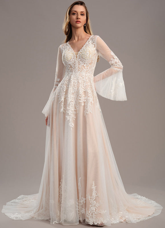 Robe Nuptiale Vaporeuse À Manches.