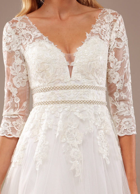 Robe Nuptiale Élégante À Manches En Dentelle - gallery 3