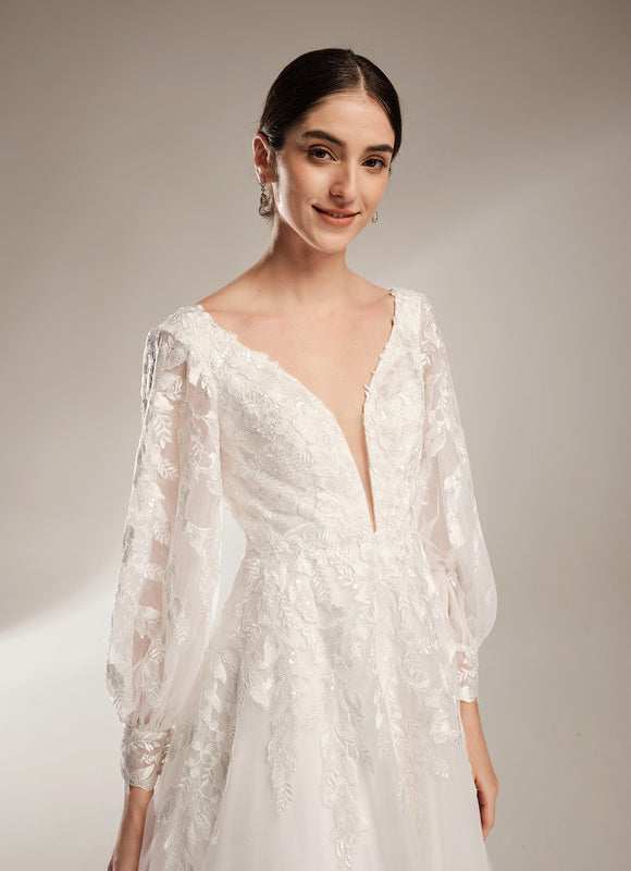 Robe Nuptiale Élégante À Manches Bouffantes - gallery 4