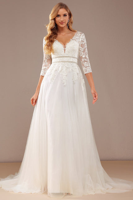 Robe Nuptiale Élégante À Manches En Dentelle - gallery 4