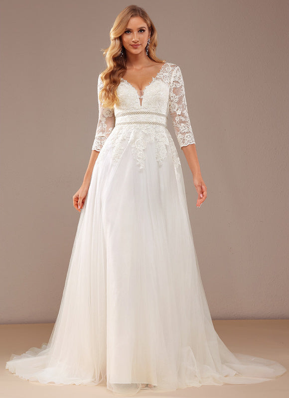 Robe Nuptiale Élégante À Manches En Dentelle - gallery 4