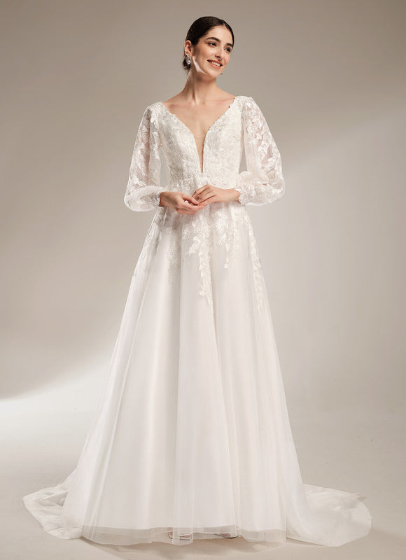 Robe Nuptiale Élégante À Manches Bouffantes - gallery 1