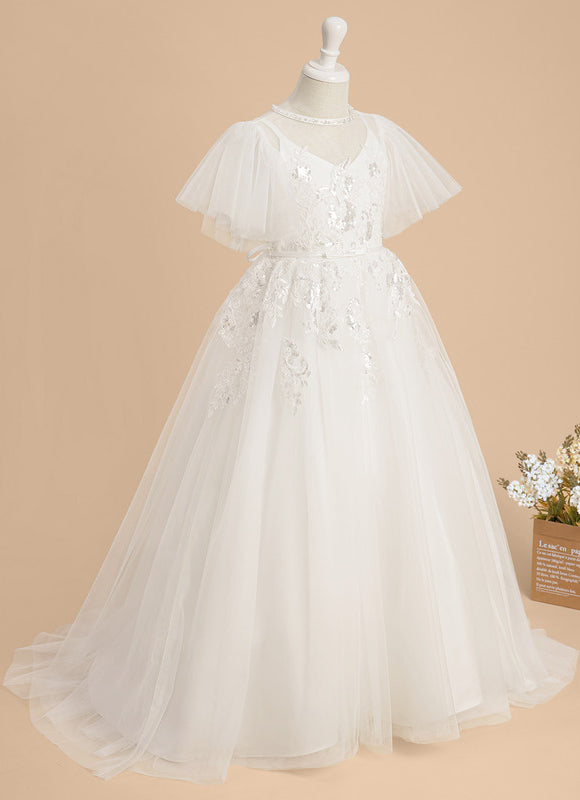 Robe Enfant Nuptiale En Tulle Fleuri - gallery 2