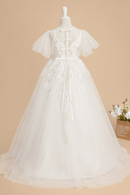 Robe Enfant Nuptiale En Tulle Fleuri - gallery 4