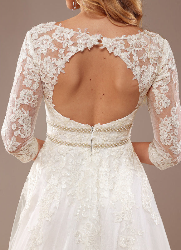 Robe Nuptiale Élégante À Manches En Dentelle - gallery 1