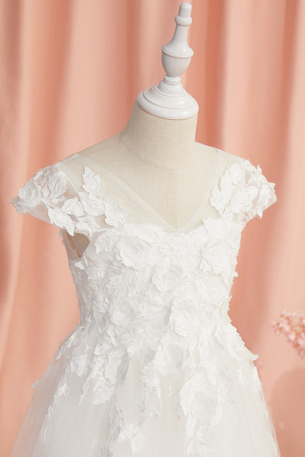 Robe Enfant Florale En Tulle Blanc - gallery 7