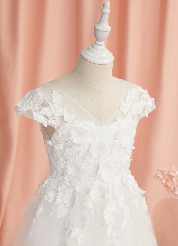 Robe Enfant Florale En Tulle Blanc - gallery 7