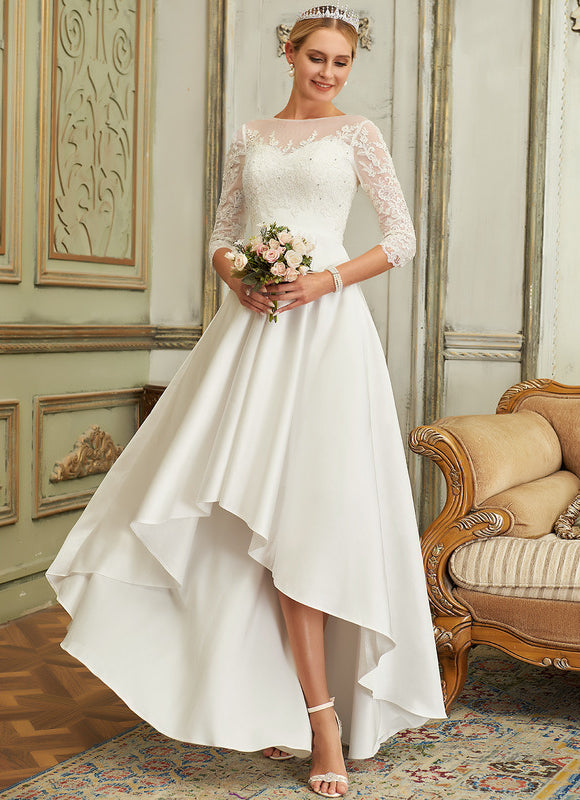 Robe Nuptiale Satinée À Manches En Dentelle