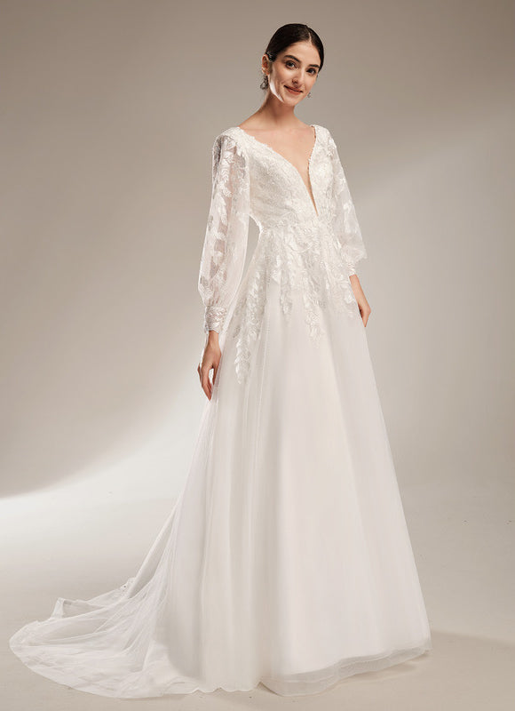Robe Nuptiale Élégante À Manches Bouffantes - gallery 3