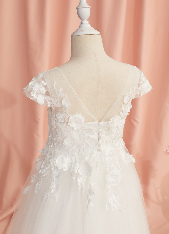 Robe Enfant Florale En Tulle Blanc - gallery 6