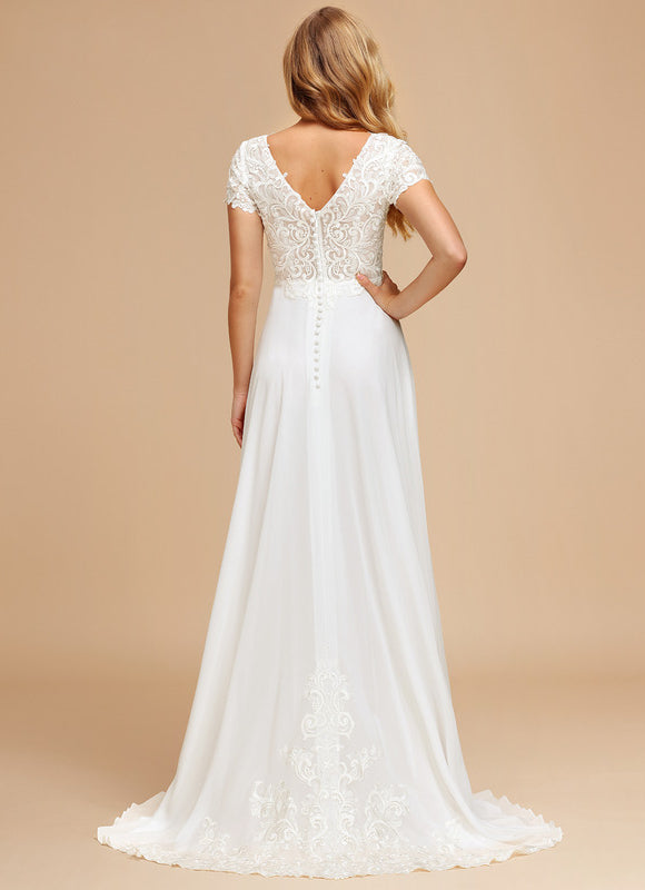 Robe Nuptiale Fluide À Manches Courtes - gallery 2