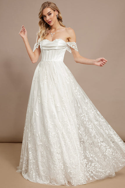 Robe Nuptiale Satinée À Manches Fleuries - gallery 1