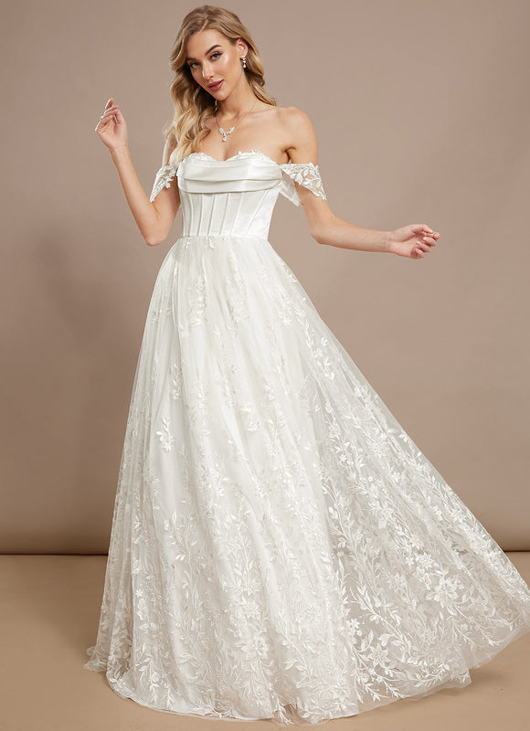 Robe Nuptiale Satinée À Manches Fleuries - gallery 1