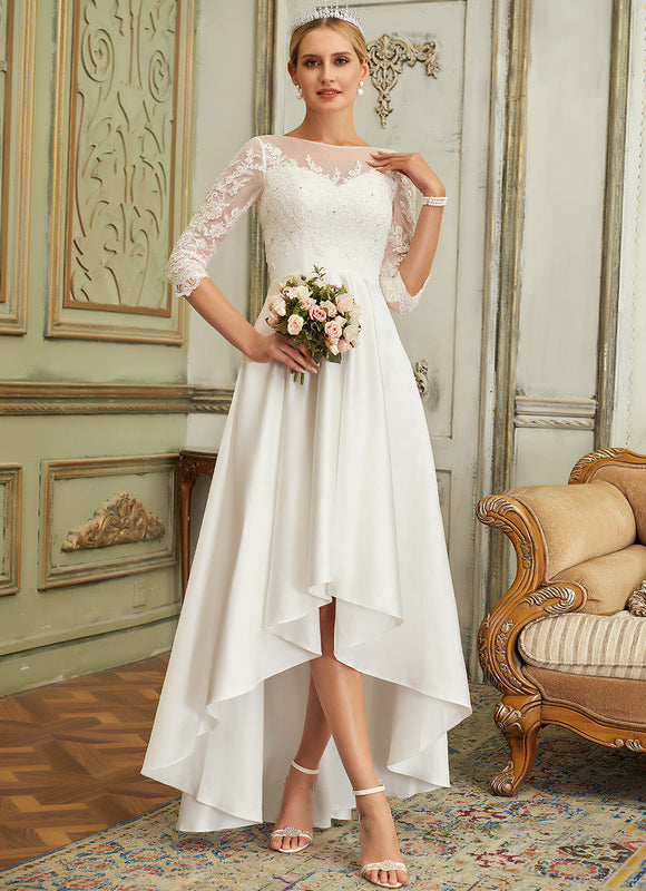 Robe Nuptiale Satinée À Manches En Dentelle - gallery 4