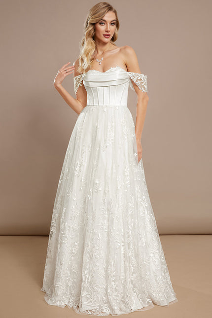 Robe Nuptiale Satinée À Manches Fleuries - gallery 2