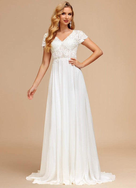 Robe Nuptiale Fluide À Manches Courtes - gallery 1