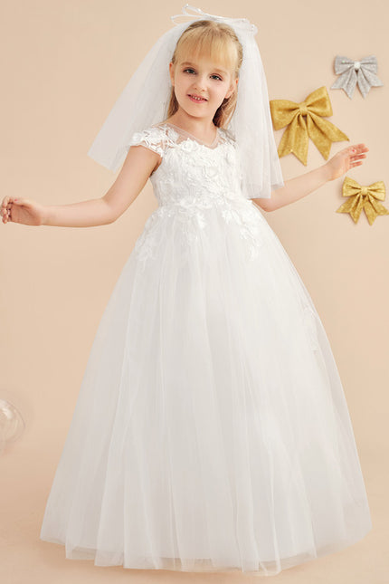 Robe Enfant Florale En Tulle Blanc - gallery 2