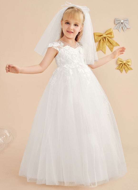 Robe Enfant Florale En Tulle Blanc - gallery 2