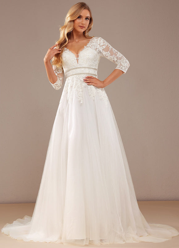 Robe Nuptiale Élégante À Manches En Dentelle - gallery 5