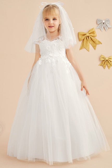 Robe Enfant Florale En Tulle Blanc - gallery 1