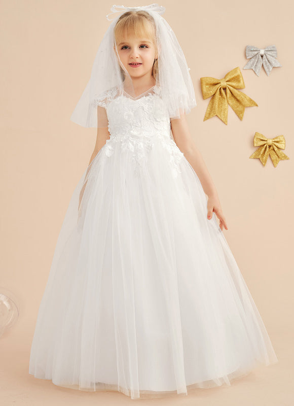 Robe Enfant Florale En Tulle Blanc - gallery 1