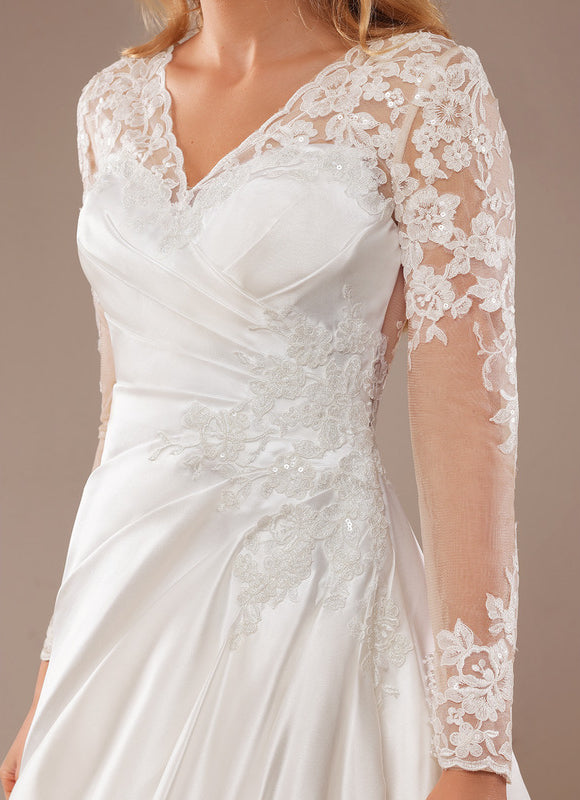 Robe Nuptiale Satinée À Manches Longues - gallery 1